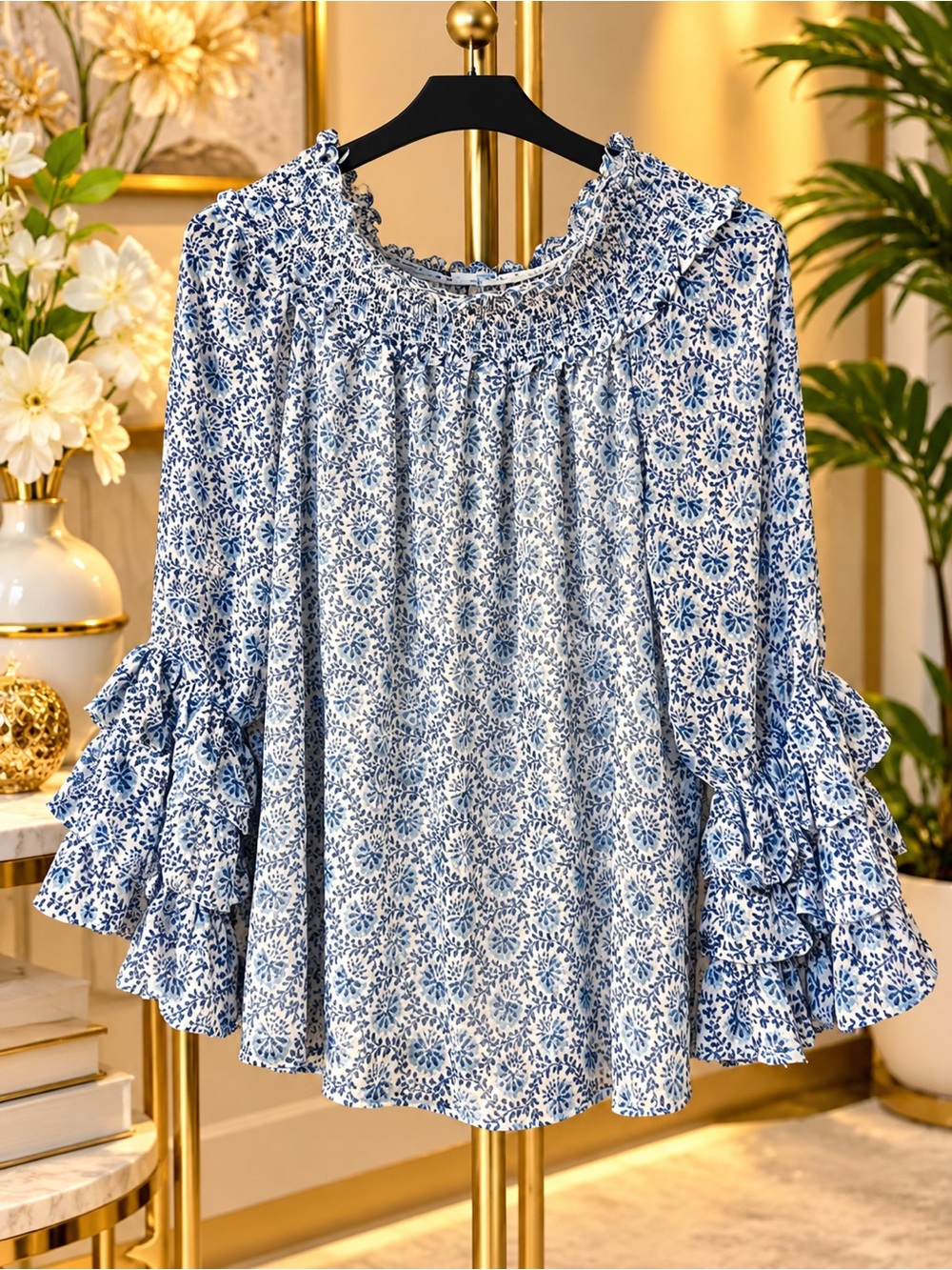 CeCe Blue and White Floral Smocked Neck Ruffle Sleeve Tunic
